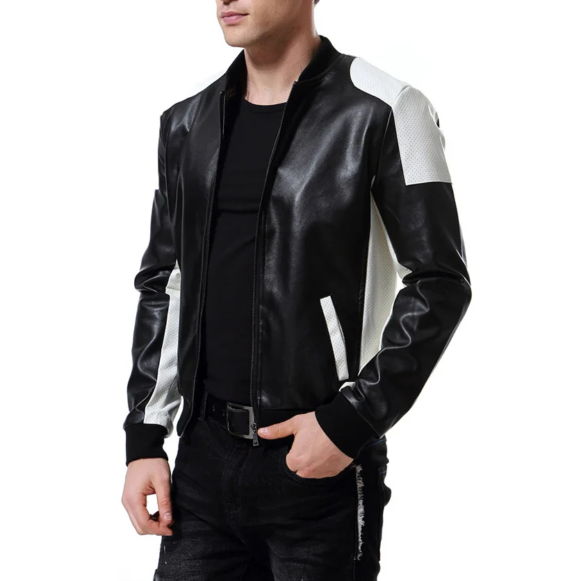 

2020 Autumn New Casual Men's Leather Clothing with Stand Collar Youth Black and White Color PU Leather Jacket