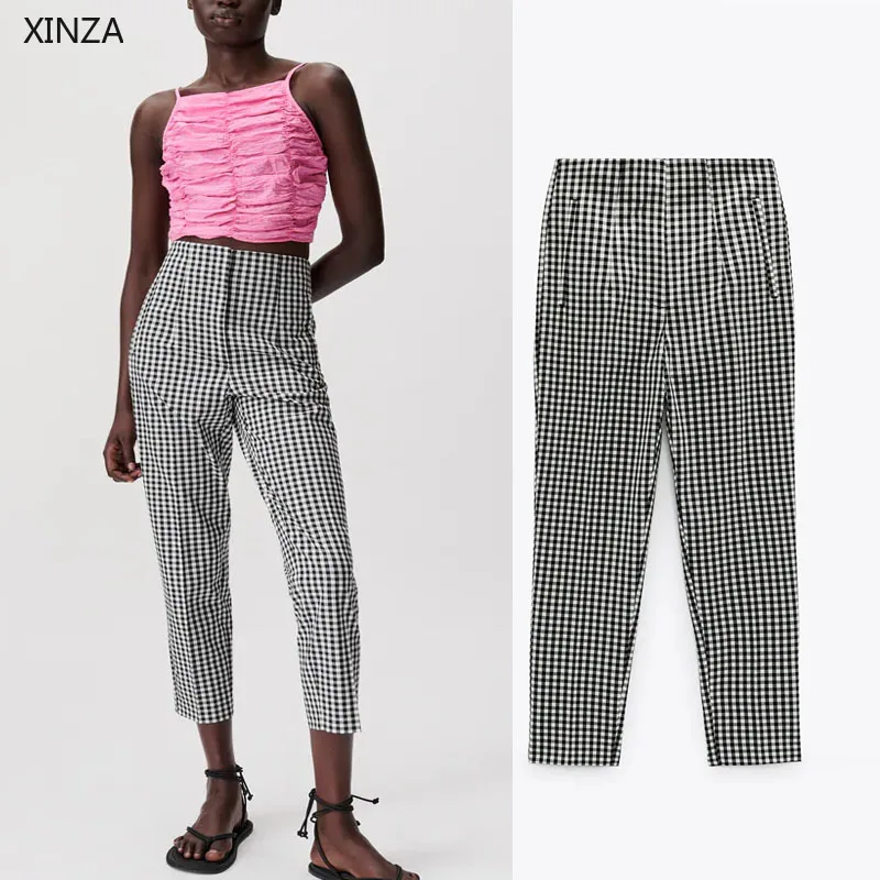 

Женские брюки с завышенной талией Za, повседневные Черные винтажные брюки в клетку с карманами спереди, приталенные летние штаны, 2021