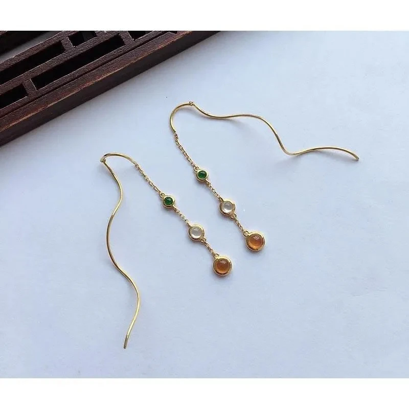 

S925 Sterling Silver Inlaid High Ice Chalcedony Three-Color round Egg Hanging Earrings Exquisite Fashion Versatile Ear Studs
