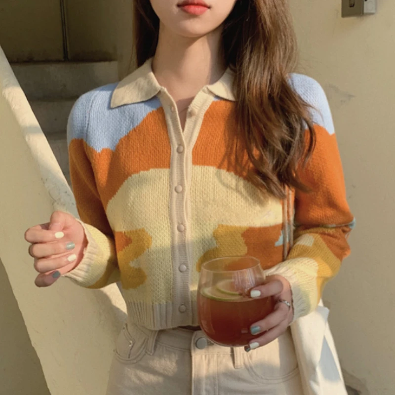 

Вязаный свитер, кардиган в ретро-стиле, женские облегающие Короткие кардиганы с длинным рукавом, цветные свитера с рисунком заката, Rebeca Punto ...