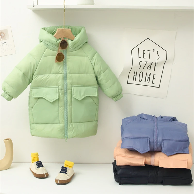

Baby Down Jacket for Girl Fashion Mid-length Solid Color Coat 2021 Winter New Long Sleeve Warm Kids Clothes Boys 2-8 Years
