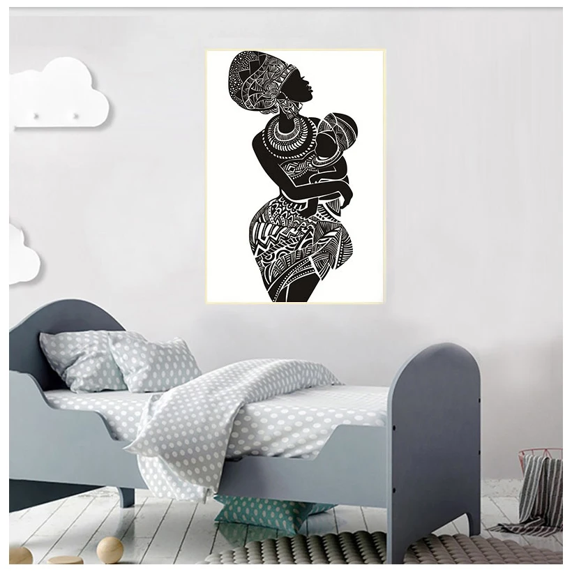 

Beautiful African Woman with Baby Black and White Canvas Painting Posters Wall Art Prints Room Decor Pictures Home Decoration