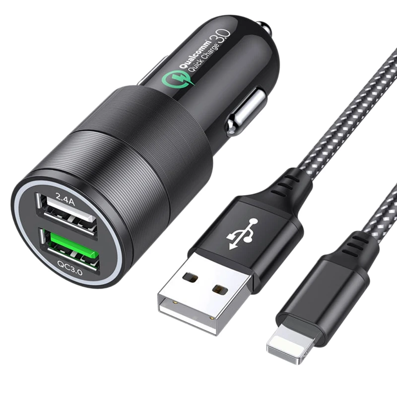 

Car Charger,Dual Port USB 3.0 Car Phone Fast Charging Adapter and 1M Nylon Braided Iphone Charger Cable for IPhone