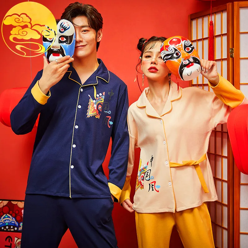 

Spring Autumn Knitted Cotton Long Sleeved Men's Pajama Sets Sleepwear Pyjamas Sleep&Lounge Couple Leisure China Style Homewear