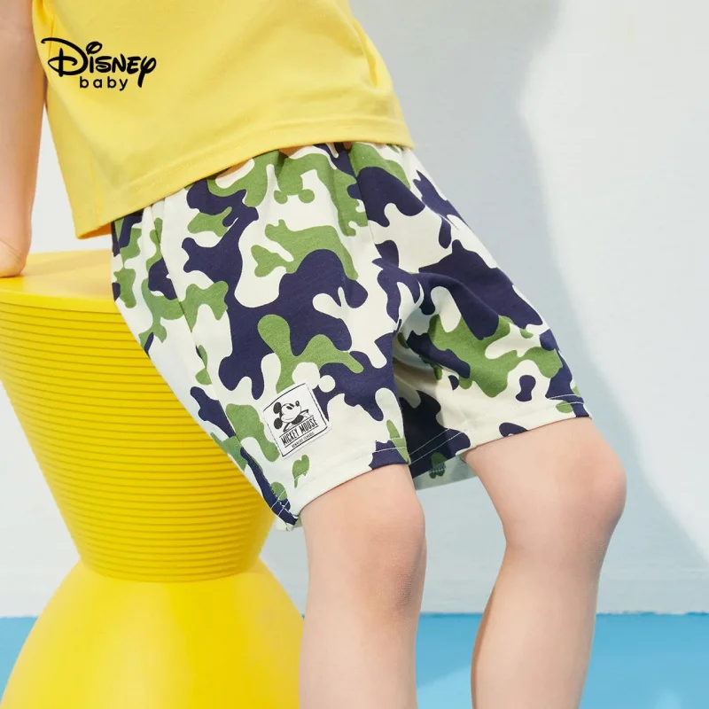 

Шорты для мальчиков Disney, тонкие камуфляжные свободные хлопковые шелковые Детские летние платья, штаны с принтом Микки Мауса, 2021