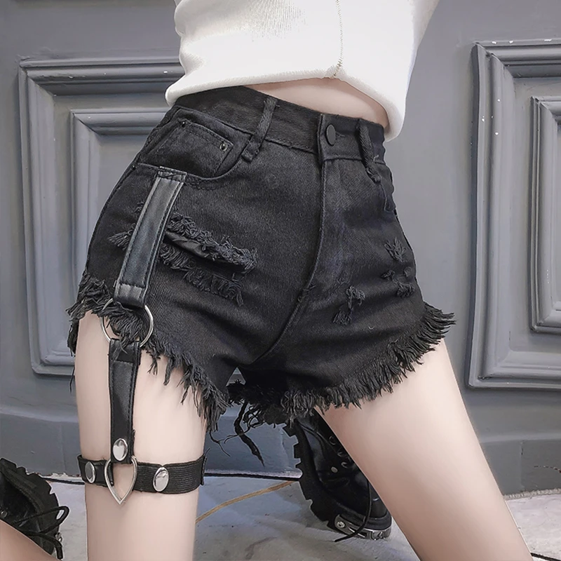

Punk Jean Shorts Women Summer Bottoms Sexy Ribbon Patchwork Hole Short Pants High Waist Denim Shorts plus szie KZ228