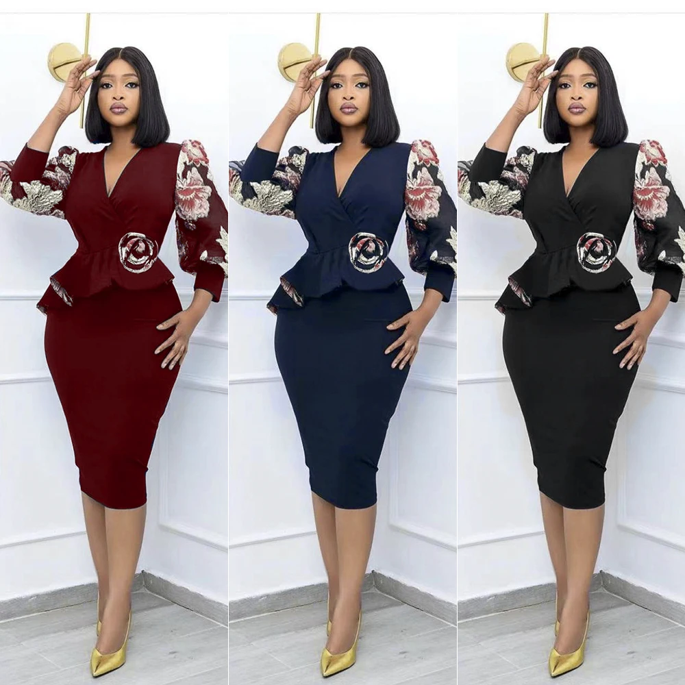 

African Clothes For Women 2022 Long Sleeves V-neck OL Party Cotton Dresses Evening Short Skirt Ethiopian Elegant Night Gowns