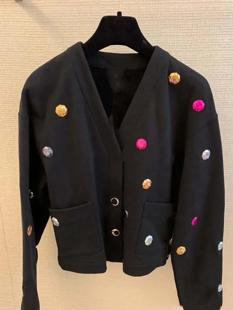 

New Small sweet wind of new fund of autumn winters wool color gem long-sleeved cardigan wide-legged pants suit