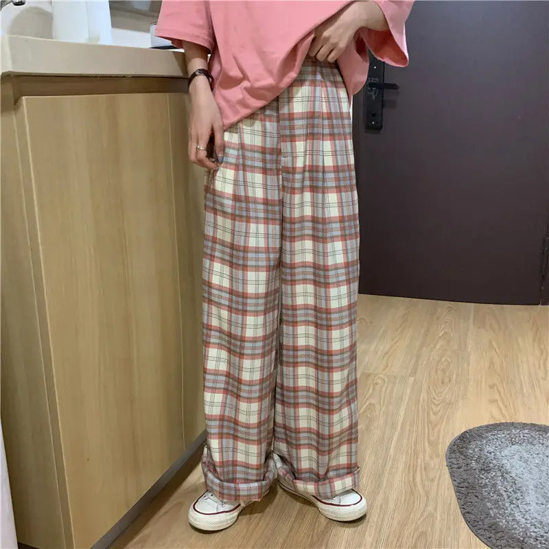 

Harajuku Plaid Pants for Women Trousers Elastic Waist Casual Loose Wide Leg Pants Pockets Japanese Streetwear Plus Size Pants