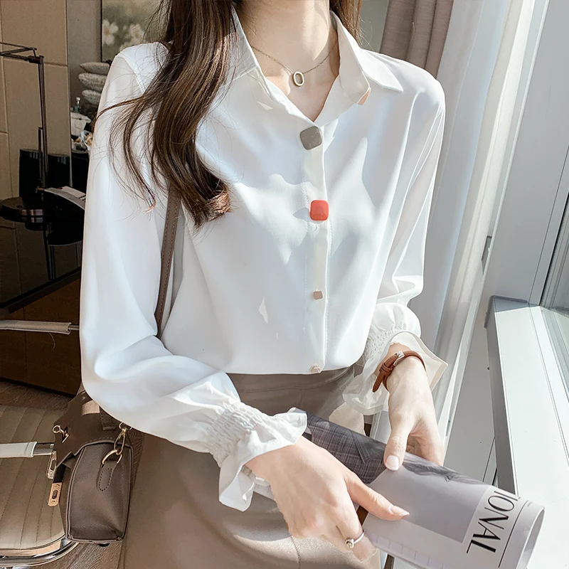 

Новые осенние женские блузки, рубашка-поло, топы с длинным рукавом, атласная Повседневная модная женская Свободная однотонная блузка, домаш...