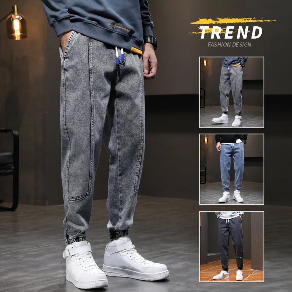 Autumn Jeans Men's Loose-fitting Harem Denim Pants Plus Fat Plus Size Trendy Casual Straight Nine Points Pants Streetwear Gray