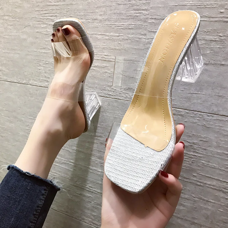 

New Summer Gold Sandals Clear High Heels Slippers Women Sandals Shoes Woman Transparent High Pumps Wedding Jellysj87