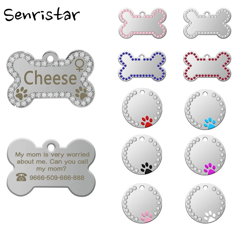 

Personalized Dog ID Tag Custom Metal Engraved ID Name For Puppy Cat Dog Collar Diamond Bone Paw Pendant Keychain Pet Accessories