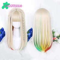 gradient rainbow colors lolita wig harajuku bangs pale blond long straight synthetic hair kawaii women girls free wig cap