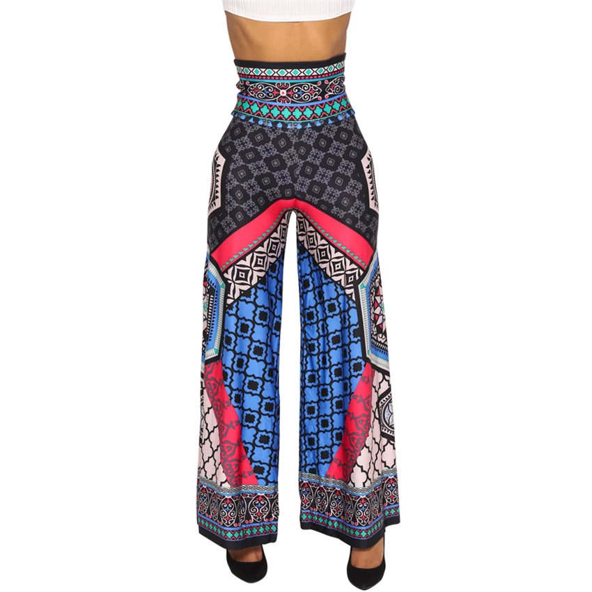 

Woman African Traditional Style Pants Bazin Riche Printed Hight Waist Wide Leg Trousers Lady Fashion Party Beach Wear
