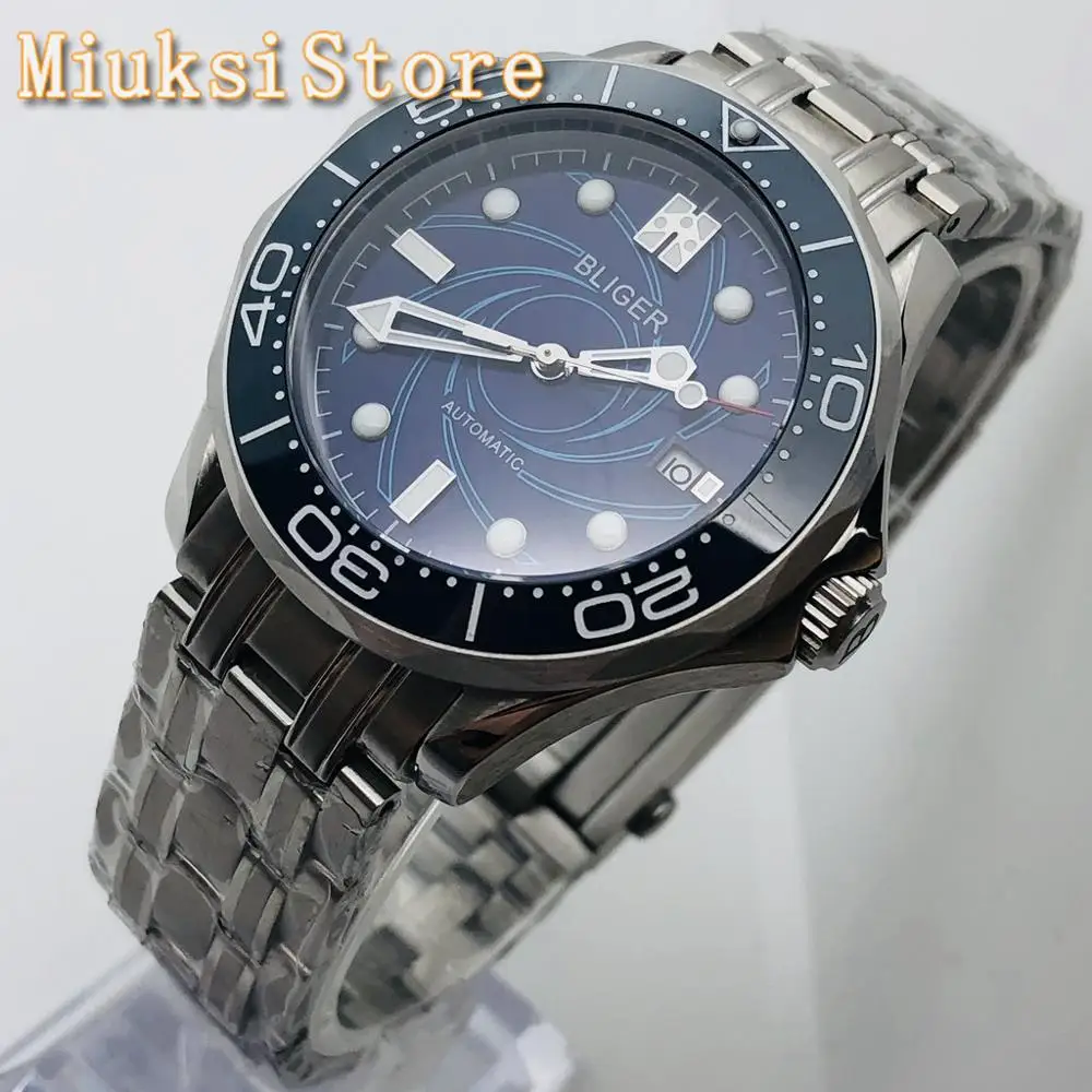 

BLIGER top brand 41mm silver case sapphire glass ceramic bezel blue dial luminous waterpoof mens automatic mechanical watch