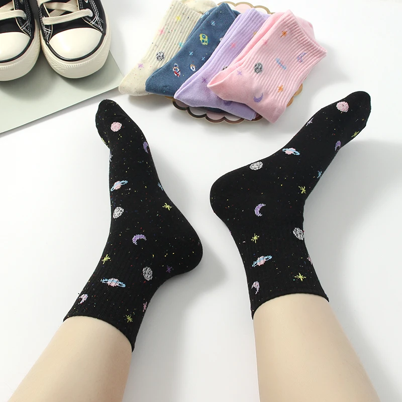 

AOMU 3Pairs/Set New Korea Spring Autumn Lovely Planet Universe Starry Sky Socks for Women Novelty Casual Socks