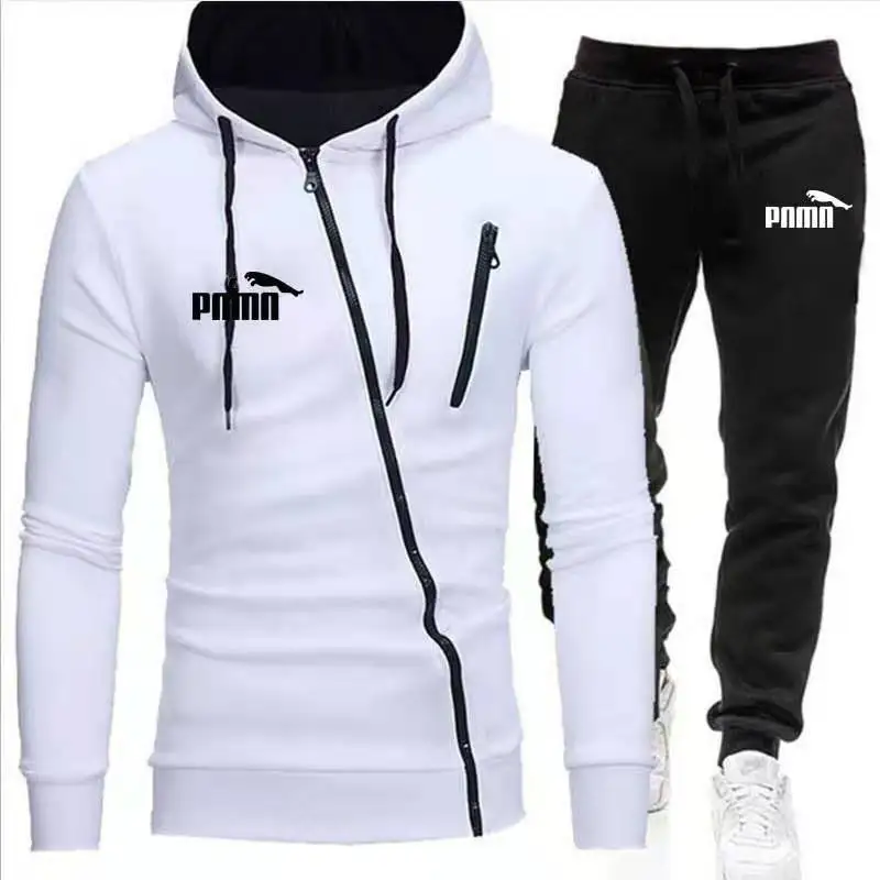 

AliExpress foreign trade 2020 new oblique zipper + trousers men's casual slim hooded cardigan sweater suit
