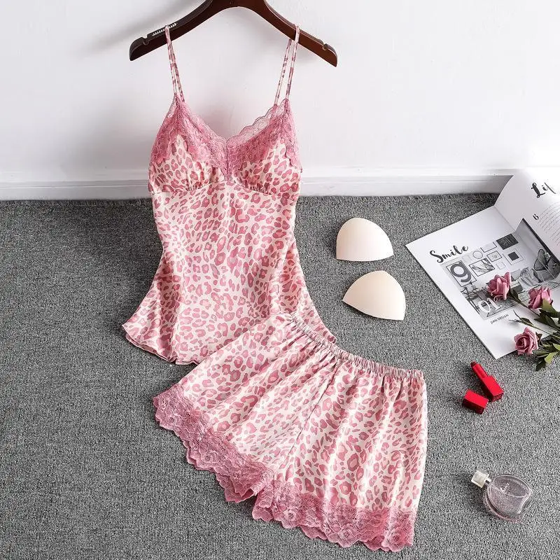 

Tufaha Pink Leopard Print Sexy Pajamas with Chest Pad Two Piece Set Satin Pajamas Sleepwear Pajama Shorts Women
