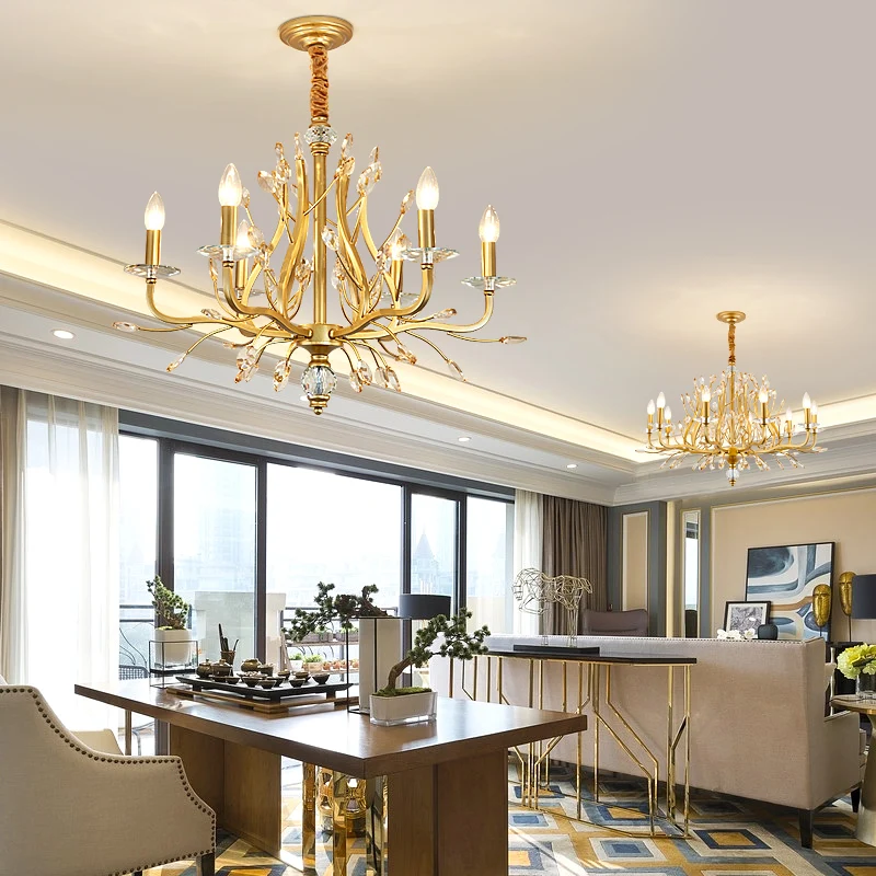 

Современная хрустальная люстра для гостиной, роскошная хрустальная лампа, позолоченная металлическая люстра, столовое освещение
