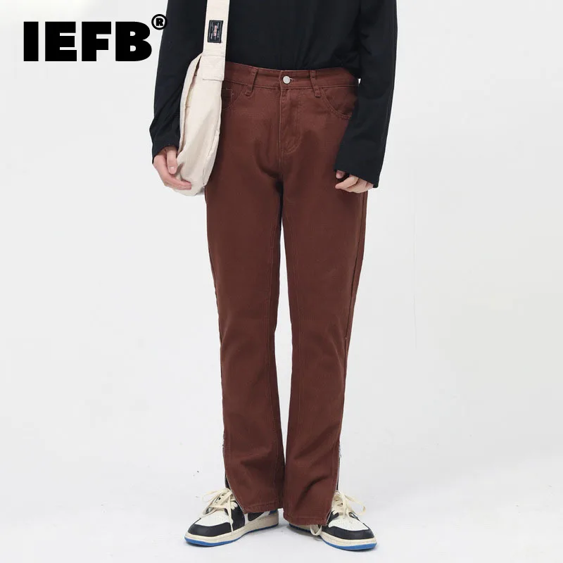 

Джинсы IEFB мужские с разрезом, модные прямые джинсовые брюки в Корейском стиле, винтажная уличная одежда, длинные брюки из денима, коричневые...