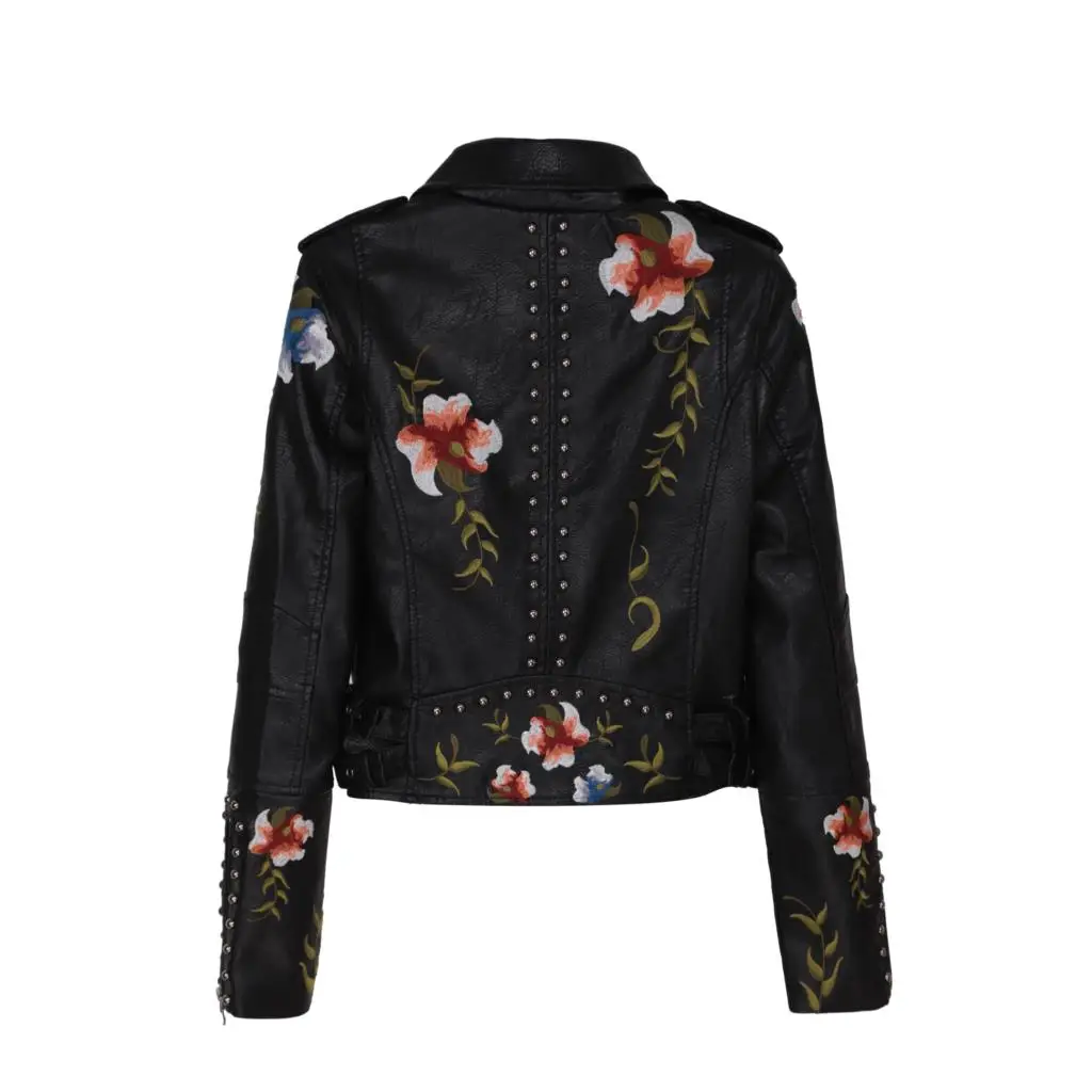 Женская байкерская куртка из искусственной кожи черная на молнии с цветочной