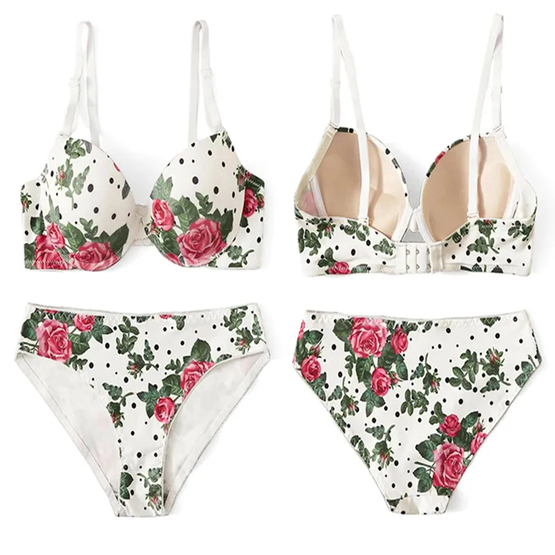 

Sexy Polka Dot Floral Rose flower Print Lingerie Set Push Up Braletter Seamless Comfortable Women's Underwear Charming Bra Set