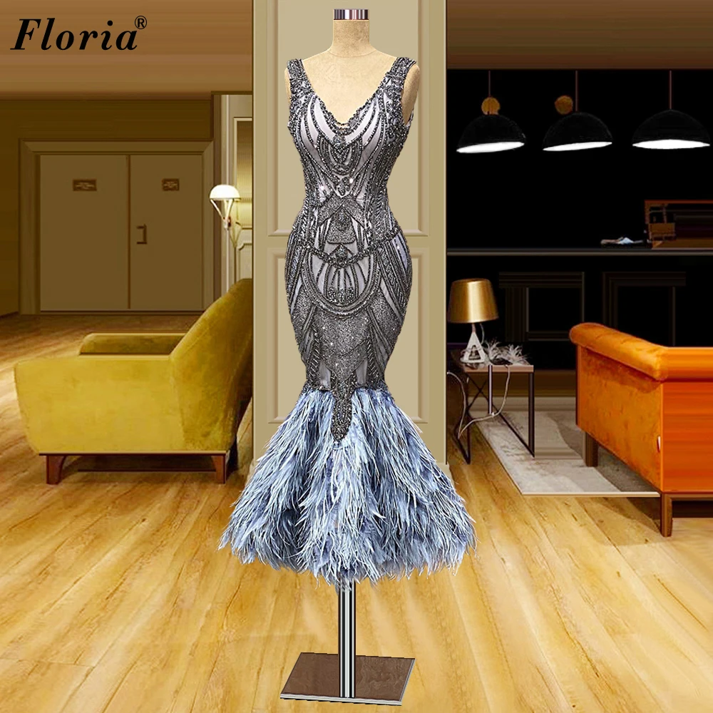 

Robes De Cocktail Gray Heavy Handmade Cocktail Dresses Mermaid Sleeveless Prom Party Dresses Evening Wear Women Night Gowns