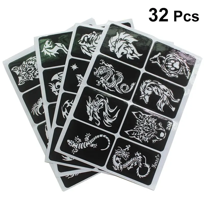 

32pcs Self-adhesive Tattoo Airbrush Stencils Templates For Airbrush Spray Face Paint Henna Glitter Tattoos