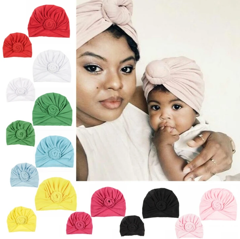 Yundfly Mommy and Me Cotton Blend Rose Flower Hat Women Caps Girls Newborn Turban Hats Twist Knot Headwear Hair Accessories