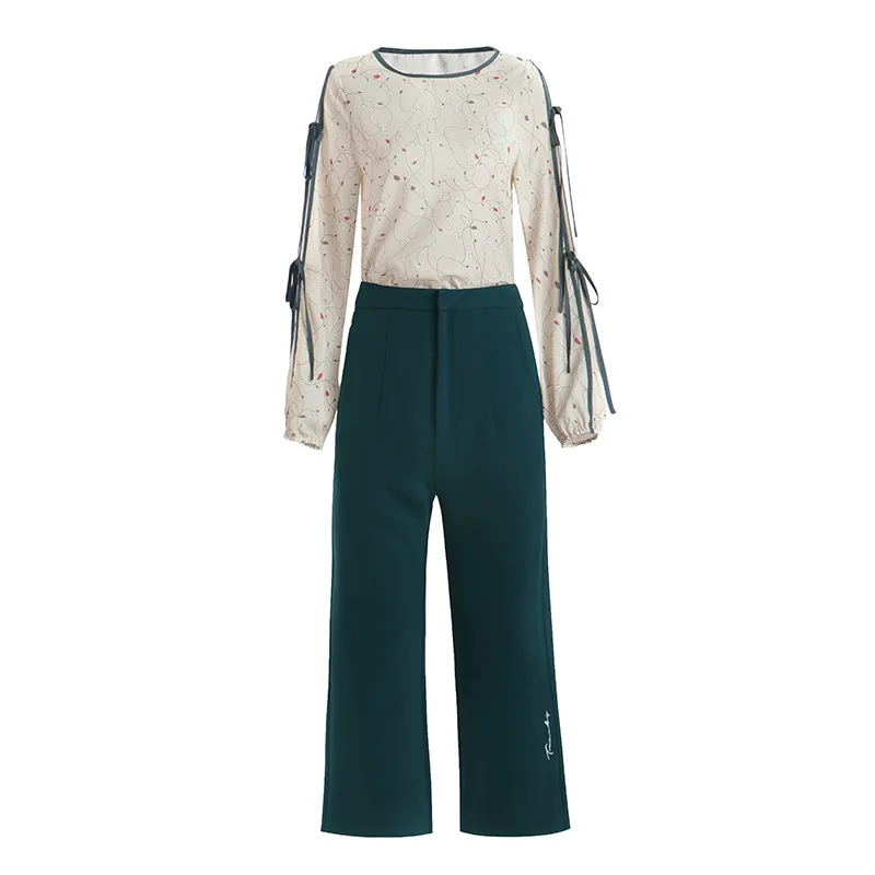 

Women long pants suits spring summer 2021 cute bowknot cut out sleeve floral chiffon tops blouses cute two piece set