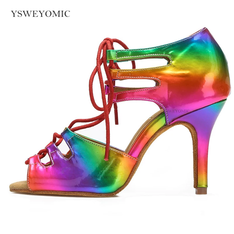 Salsa Latin Dance Shoes High Heel 3inch 8.5cm Rainbow PU Leather Soft Insole Stable Salsa Ballroom Latin Dance Shoes For Girls