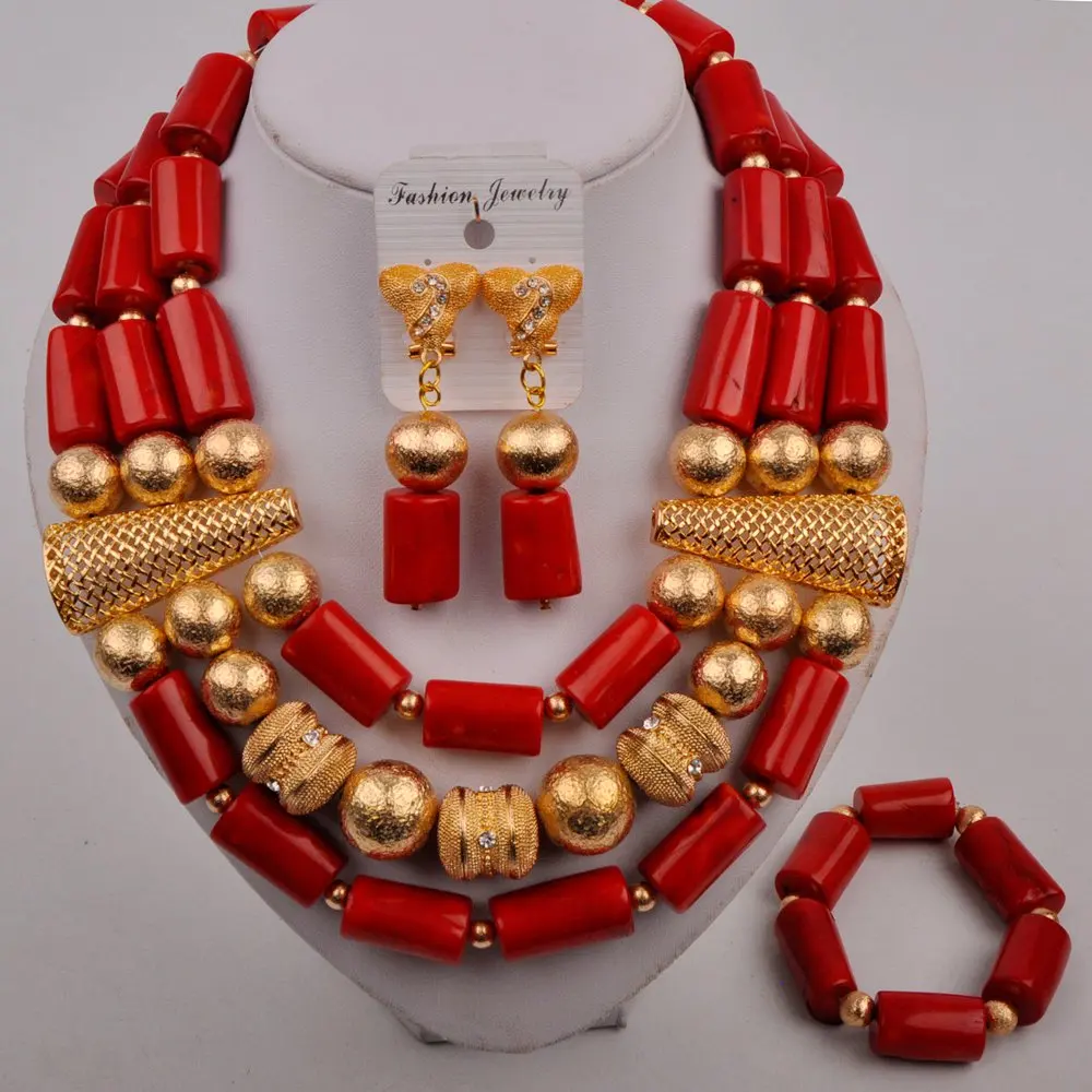 Дубай золотой цвет коралловое ожерелье серьги браслет набор для женщин красный/оранжевый/белый Африканские свадебные бусы коралловые ювел...