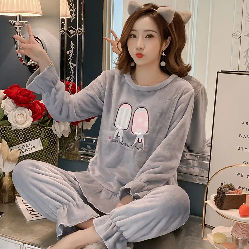 Женские пижамные комплекты 2019 осенне-зимние пижамы фланелевая Толстая теплая
