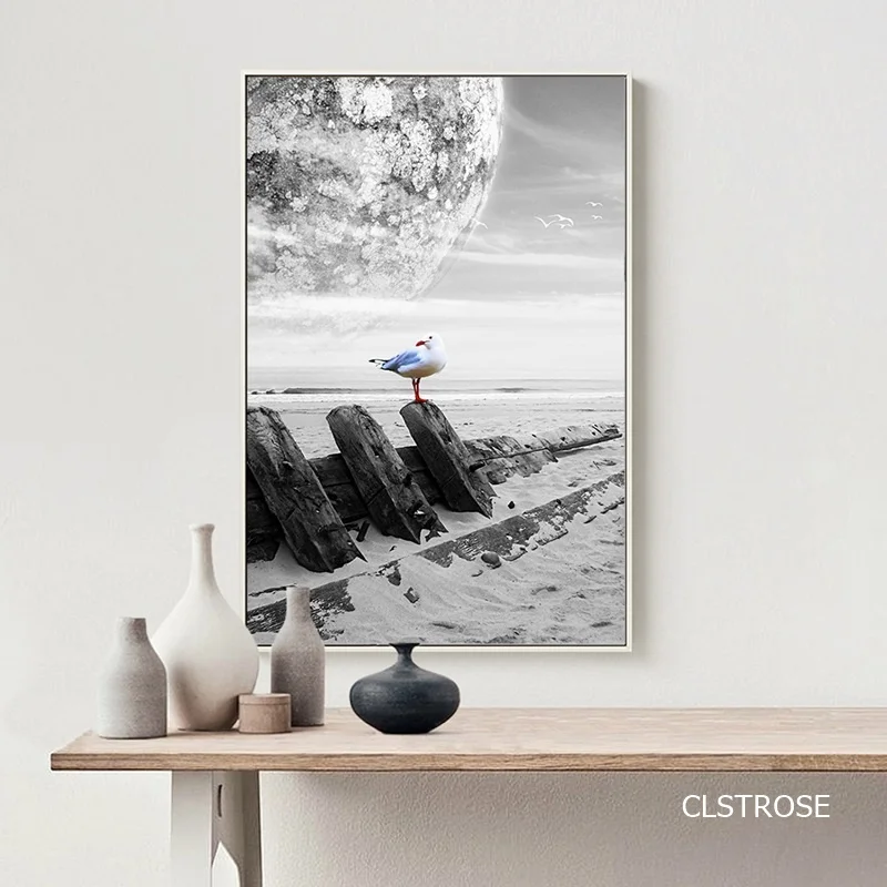 

Nordic Black And White Lonely Moon Ship Waves Of Sea Posters Art Canvas Pictures For Living Room Home Decor Painting Unframed