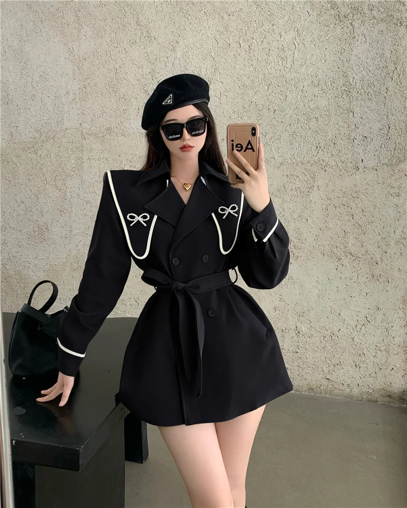 

Тренчкот с матросским воротником, новинка 2021, модное приталенное пальто в корейском французском ретро-стиле для ранней осени, Женское пальт...