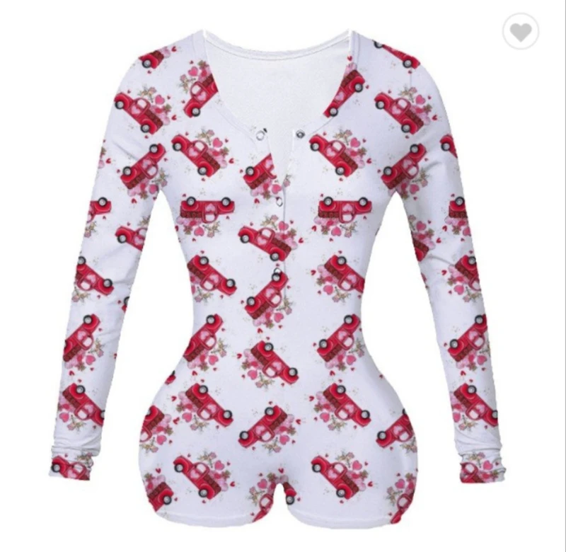 Adogirl 2021 Valentine's Day Print Women Sexy Jumpsuit V Neck Long Sleeve Shorts Romper Sleepwear Playsuits Lovers Gift Onesies