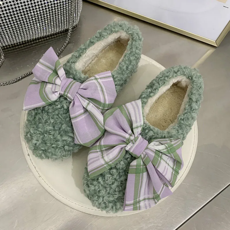 Fashion The New Fur Shoes Winter Casual Slip-On Round Toe Butterfly-knot Plush Keep Warm Comfortable Breathable Flat Plus velvet