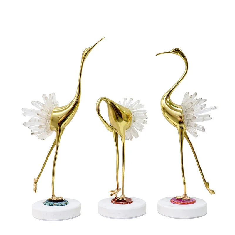 

Natural Material Fairy Crane Copper Statue Agate Crystal Ornaments Marble Base Crane Figurine Desk Decoration Vintage Home Decor