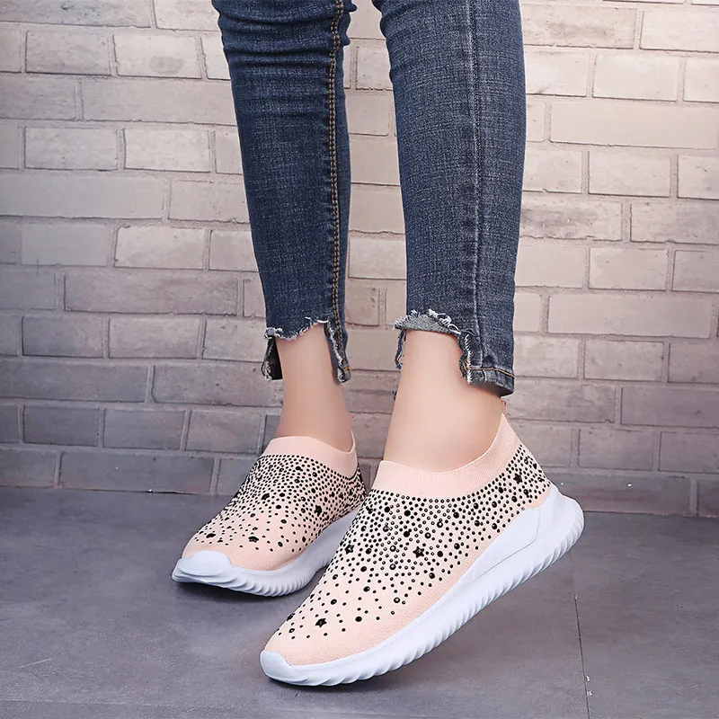 

Женские вязаные туфли-носки 2020, женские кроссовки, женские слипоны стразы, Повседневная Удобная женская обувь на плоской подошве, летние кр...