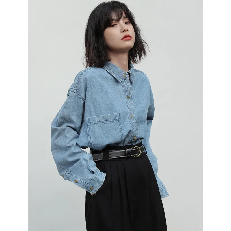 

Блузка женская джинсовая в Корейском стиле, винтажный однобортный Кардиган с лацканами, свободный однотонный синий жакет из денима, Осень-зима