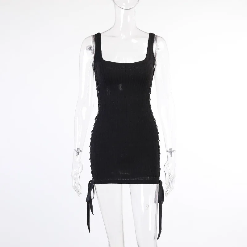 

2021 Spring Women Black Sexy Sleeveless Tight Dress Square Tie Drawstring Vest High Waist Dress for Party