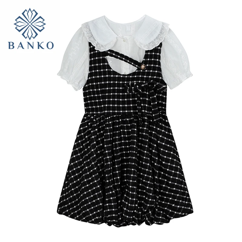 

Women's 2 Piece Set Dress Korean Style Casual Vintage Printed Mini Suspender Dresses And Lace Edge Lapel Shirt Girl 2021 Autumn