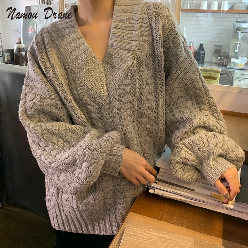 

2021 Autumn and Winter Clothing Korean Chic College Style Lazy Wind Loose V-neck Linen Pattern Outer Sweater Sweater Top Women