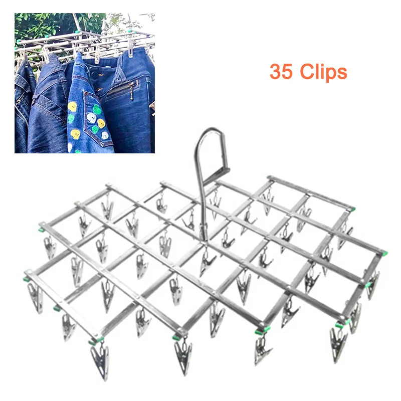 

16/35 Clips Stainless Steel Laundry Rack Foldable Sock Clothes Airer Folding Hanger Drying Hanger Clothes Underwear Socks Holder