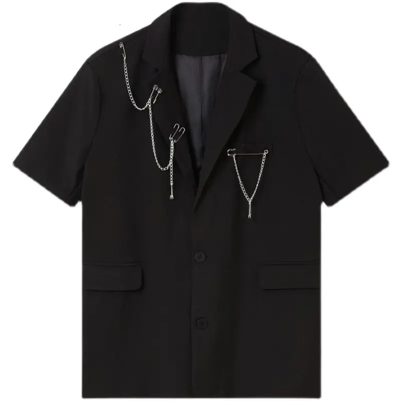 

IEFB 2021 New Men's Clothing Short Sleeve Metal Chain Detachable Suit Coat Streetwear Fashion Black Blazer Spring Summer 9Y6518
