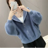 imitation mink cashmere korean sweaters cardigan solid color loose short outwear tops women spring hooded zipper knitted jackets