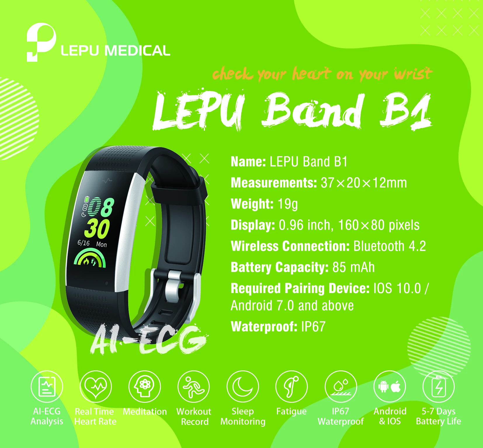 

Smart band AI ECG Analysis diagnosis Heart rate reminder CE for android IOS Bluetooth Wrist Sleep monitoring Fitness tarcker
