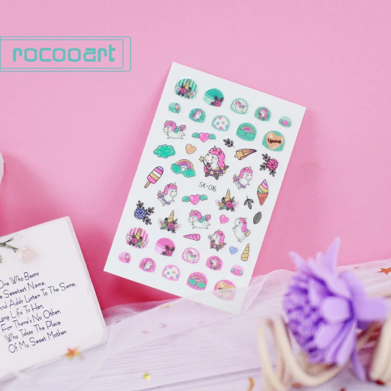 SK-016 Rocooart самоклеющиеся цветы Единорог узор дизайн ногтей украшения переводные наклейки на ногти акриловые маникюрные ногти принадлежности инструмент - Цвет: SK-016