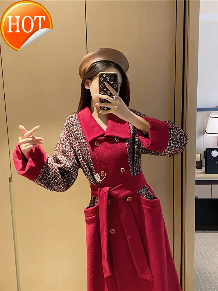 

Blue red woolen coat autumn winter 2020 new women's thickened versatile temperament long coat